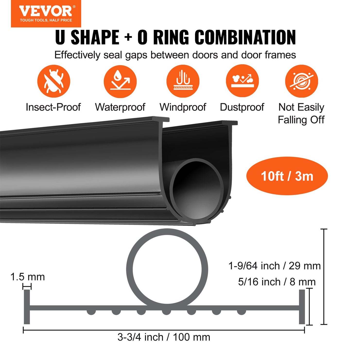 Garage Door Seals Bottom Rubber, U Shape +O Ring Garage Door Weather Stripping, Universal Weatherproof Threshold Buffering Sealing Rubber , 5/16 Inch T-ends And 3 3/4 Inch Width (10 Ft, Black)
