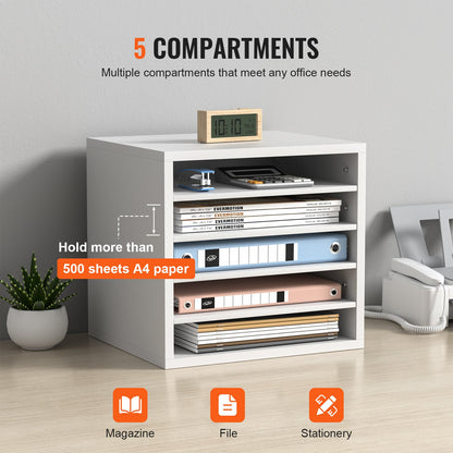 Literature Organizers, 5 Compartments Office Mailbox With Adjustable Shelves, Wood Literature Sorter 13.9x12x13 Inches For Office, Home, Classroom, Mailrooms Organization, EPA Certified, White
