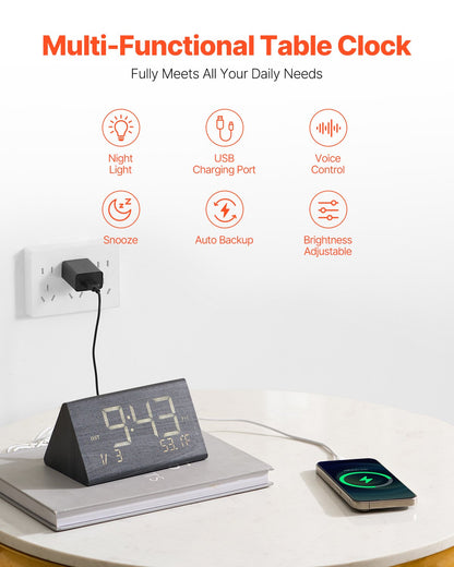 Digital Alarm Clock, Wooden Desk Clock With Dual Alarm, USB Port, Snooze, Night Light, Voice Control, Adjustable Volume, Bedside Desktop Clock With Charger For Bedroom, Kitchen, Office, Black
