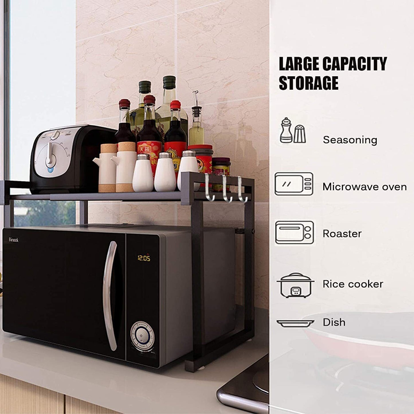 Black Single-layer Double Bar With 6 Hooks And Extendable Kitchen Storage Rack