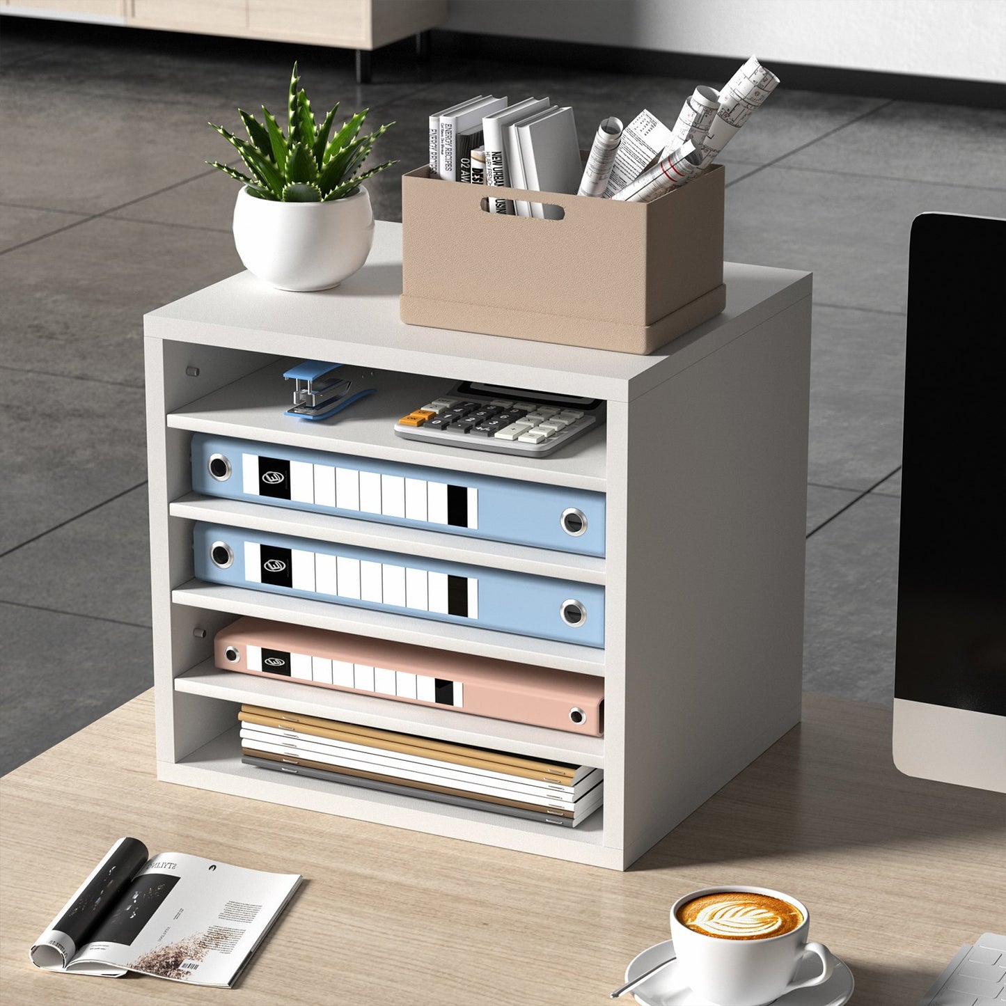 Literature Organizers, 5 Compartments Office Mailbox With Adjustable Shelves, Wood Literature Sorter 13.9x12x13 Inches For Office, Home, Classroom, Mailrooms Organization, EPA Certified, White