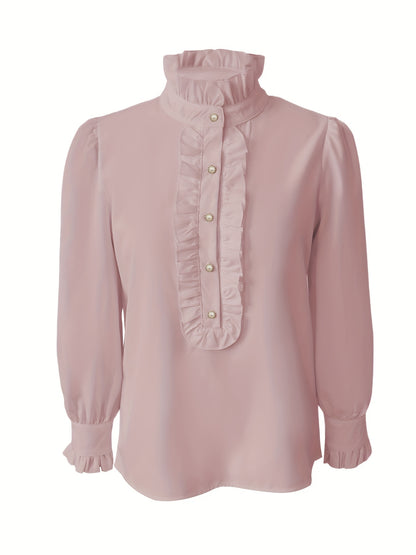 Fashionable Stand-up Collar Long-sleeved Shirt With Lotus Leaf Hem