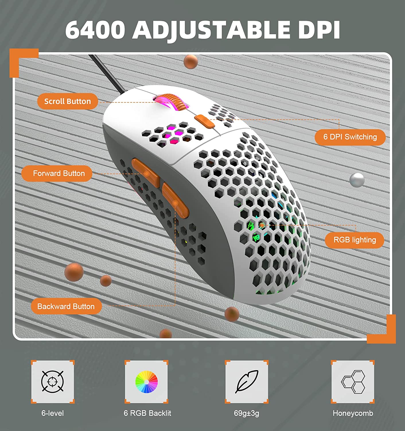Wired Gaming Mouse Lightweight Chroma RGB Backlit,7 Programmable Buttons 6400DPI