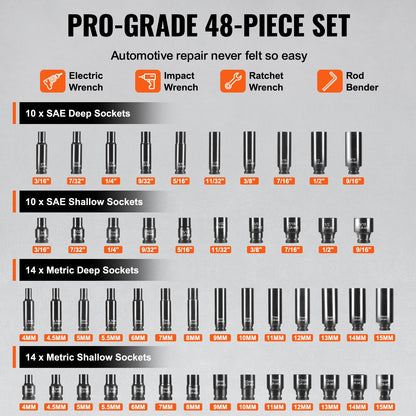 Drive Impact Socket Set, 48 Piece Deep & Shallow Socket Set , 6 Point Cr-Mo Alloy Steel For Auto Repair, Easy-to-Read Size Markings, Storage Case