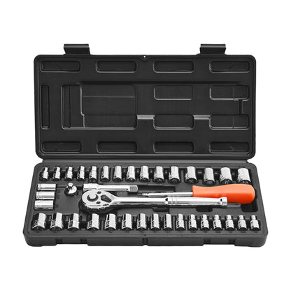 Socket Set, 39 Pieces, 9.5 & 6.4 Mm Drive Socket And Ratchet Set, SAE And Metric Size, Mechanic Tool Kit With Ratchet Wrench, Accessories, Storage Case, CR-V Alloy Steel, For Automotive Repair