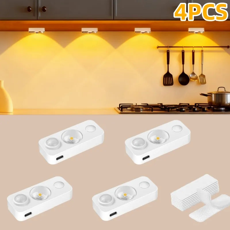 4PCS LED Motion-sensing Bulb, Rechargeable Cabinet Light, Stick-on Wireless LED Night Light, Under Drawers, Shelves, And Cabinets, Warm White, With USB Charging Cable, Equipped With Installation Tools