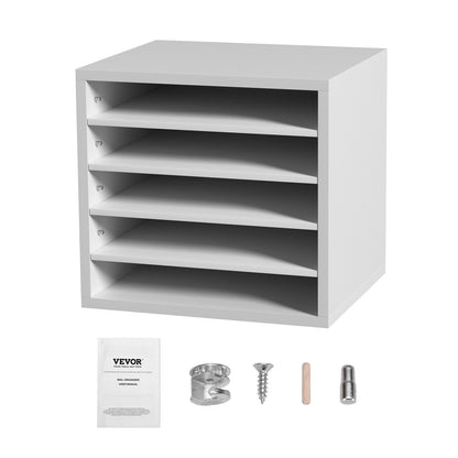 Literature Organizers, 5 Compartments Office Mailbox With Adjustable Shelves, Wood Literature Sorter 13.9x12x13 Inches For Office, Home, Classroom, Mailrooms Organization, EPA Certified, White