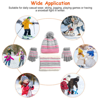 1Set Winter Kids Knitted Hat Scarf Gloves 3Pcs Boys Girls Winter Warm Beanie Hat And Glove Scarf Set Beanie Neck Warmer Mittens For 4- To 7 Years Old Kids