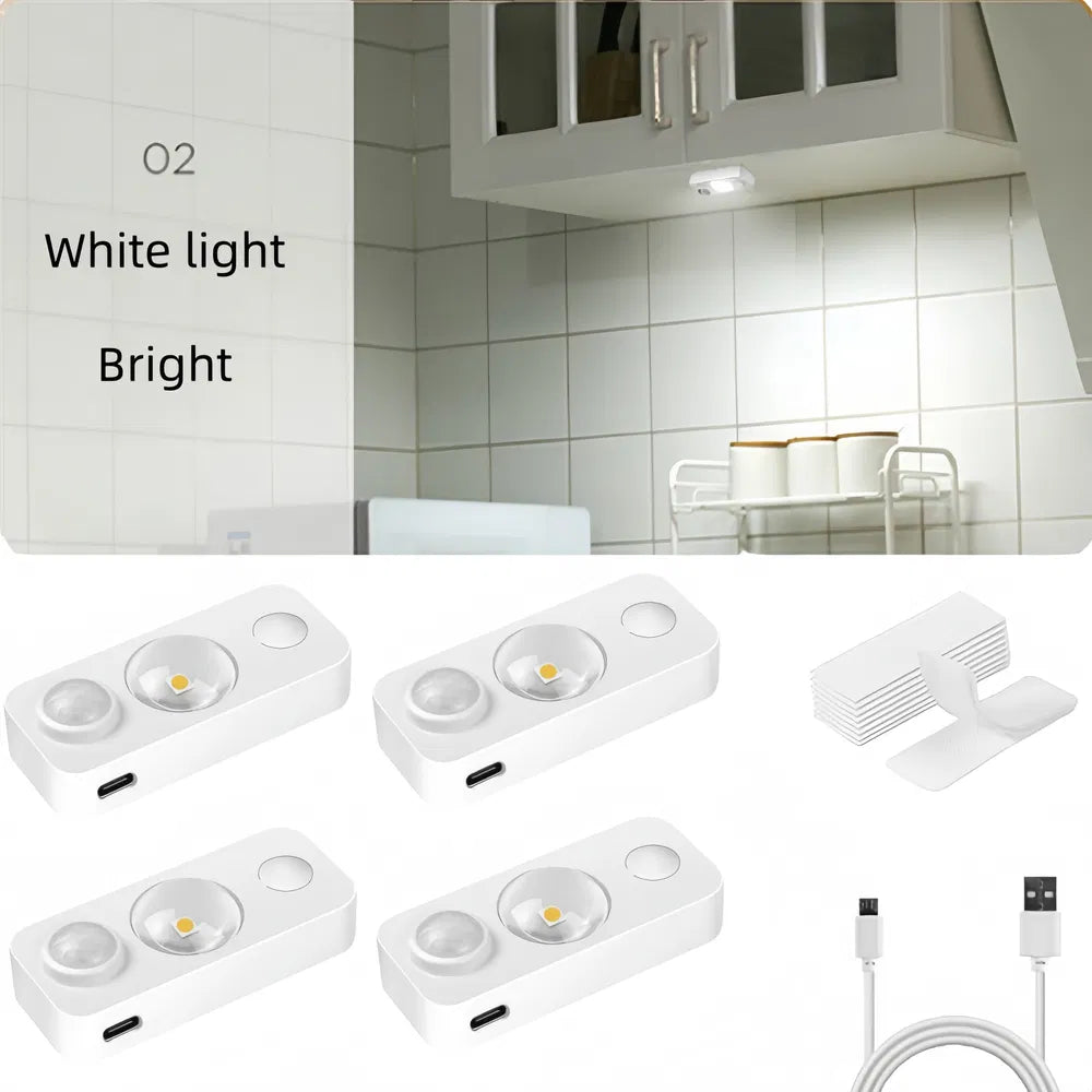 4PCS LED Motion-sensing Bulb, Rechargeable Cabinet Light, Stick-on Wireless LED Night Light, Under Drawers, Shelves, And Cabinets, Warm White, With USB Charging Cable, Equipped With Installation Tools