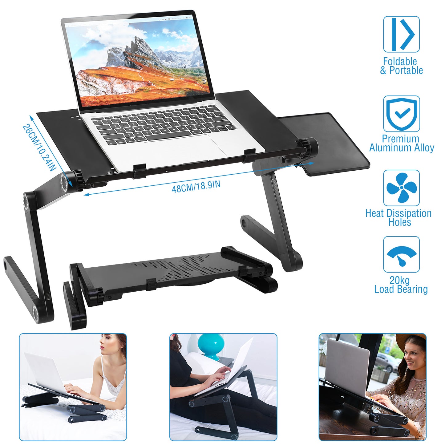 1Pc Foldable Laptop Table Bed Notebook Desk With Mouse Board Aluminum Alloy Breakfast Snacking Tray For Home Office Travel Use
