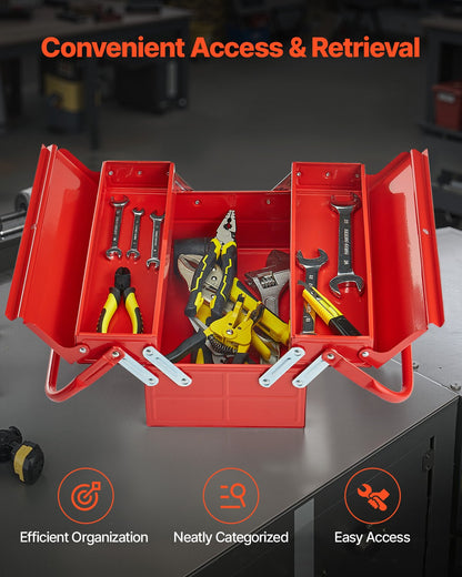 Metal Tool Box, 14-inch, 2-Tier 3-Tray Portable Folding Tool Chest Organizer With Handle & Lock Hole, Powder Coated Steel, Cantilever Toolbox For Household Factory Warehouse Repair Shop, Red