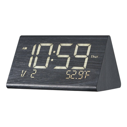 Digital Alarm Clock, Wooden Desk Clock With Dual Alarm, USB Port, Snooze, Night Light, Voice Control, Adjustable Volume, Bedside Desktop Clock With Charger For Bedroom, Kitchen, Office, Black