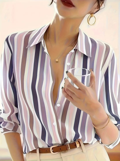 Ladies' Long-sleeved Striped Printed Versatile Casual Shirt