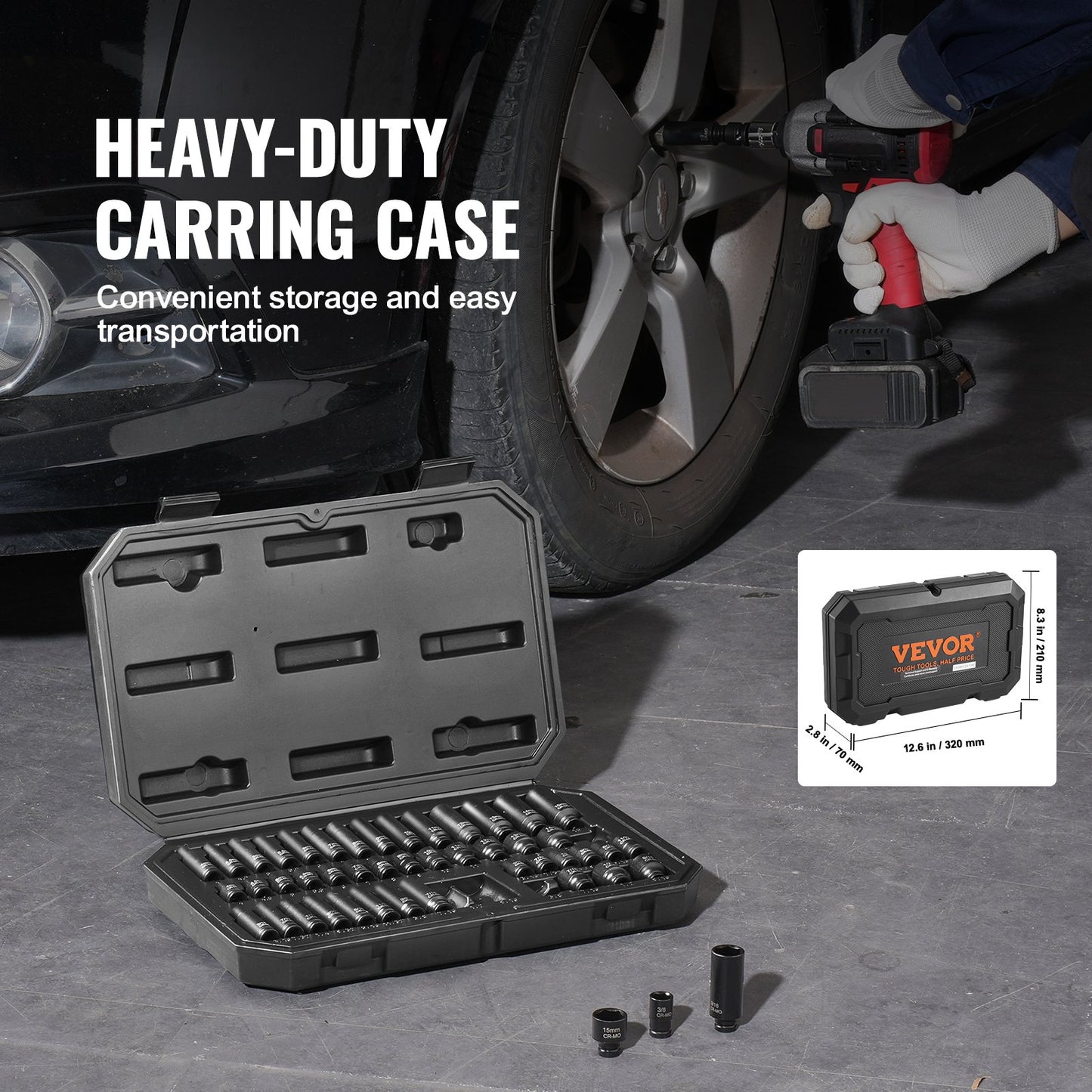 Drive Impact Socket Set, 48 Piece Deep & Shallow Socket Set , 6 Point Cr-Mo Alloy Steel For Auto Repair, Easy-to-Read Size Markings, Storage Case