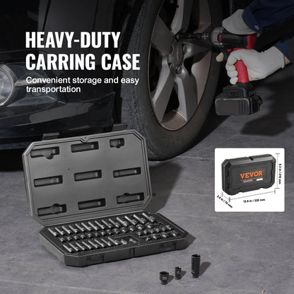 Drive Impact Socket Set, 48 Piece Deep & Shallow Socket Set , 6 Point Cr-Mo Alloy Steel For Auto Repair, Easy-to-Read Size Markings, Storage Case