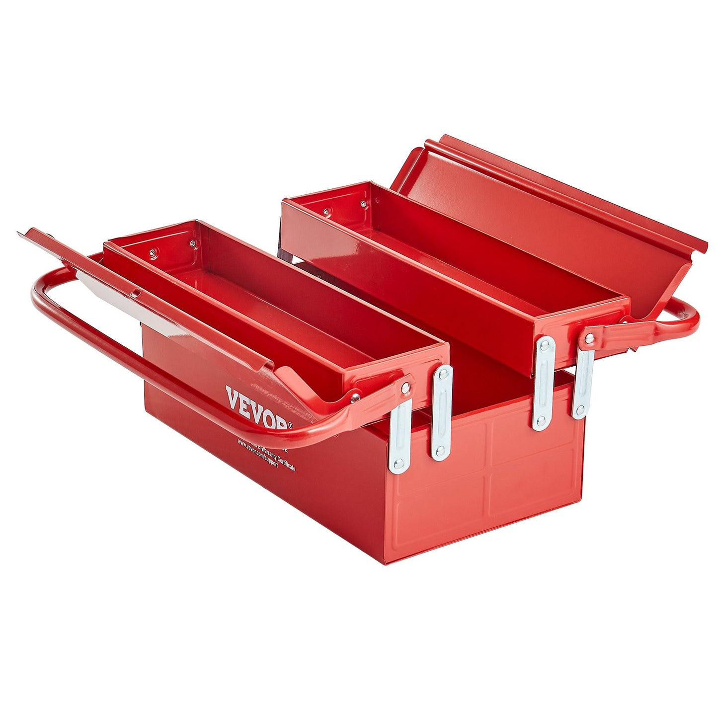 Metal Tool Box, 14-inch, 2-Tier 3-Tray Portable Folding Tool Chest Organizer With Handle & Lock Hole, Powder Coated Steel, Cantilever Toolbox For Household Factory Warehouse Repair Shop, Red
