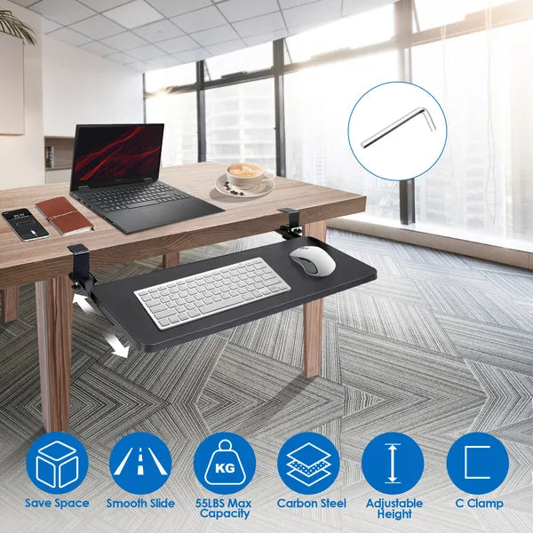 25.59x9.64x0.51in Keyboard Mouse Tray Under Desk Retractable Slide Out Drawer Height Adjustable With C Clamp 55LBS Load