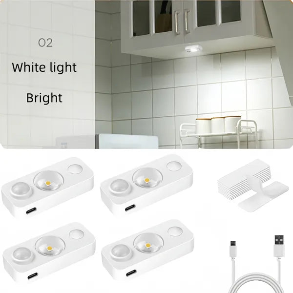 4PCS LED Motion-sensing Bulb, Rechargeable Cabinet Light, Stick-on Wireless LED Night Light, Under Drawers, Shelves, And Cabinets, Warm White, With USB Charging Cable, Equipped With Installation Tools