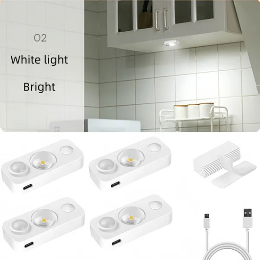 4PCS LED Motion-sensing Bulb, Rechargeable Cabinet Light, Stick-on Wireless LED Night Light, Under Drawers, Shelves, And Cabinets, Warm White, With USB Charging Cable, Equipped With Installation Tools