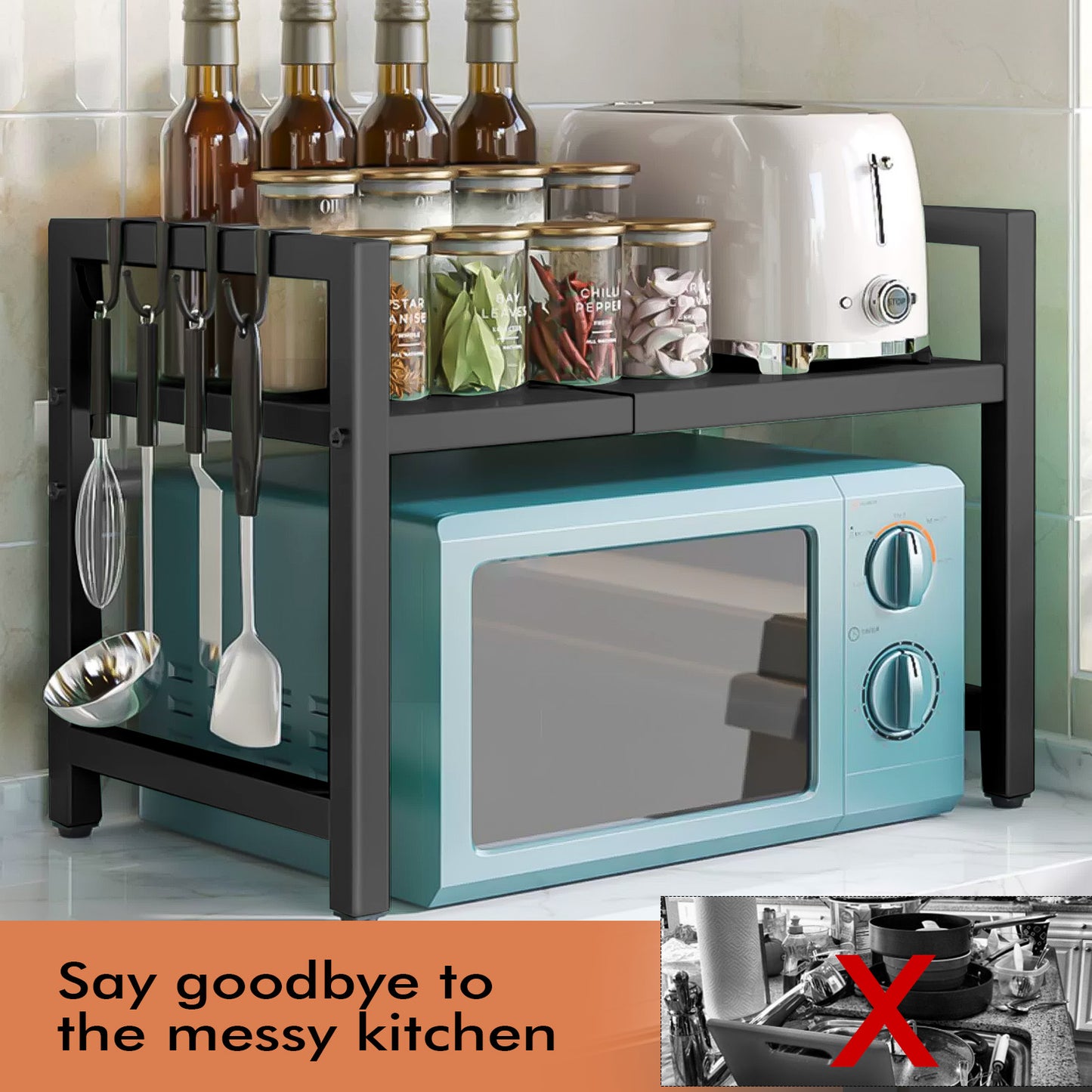 Black Single-layer Double Bar With 6 Hooks And Extendable Kitchen Storage Rack