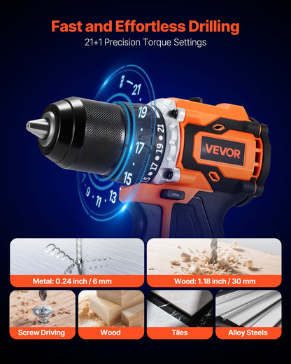 Cordless Drill Driver, 1/2 Inch Metal Chuck, Brushless Motor, Dual-Speed Variable, Drill Driver Kit With Lithium Battery And Charger, Tool Box, For Wood And Metal Drilling, Screw Driving