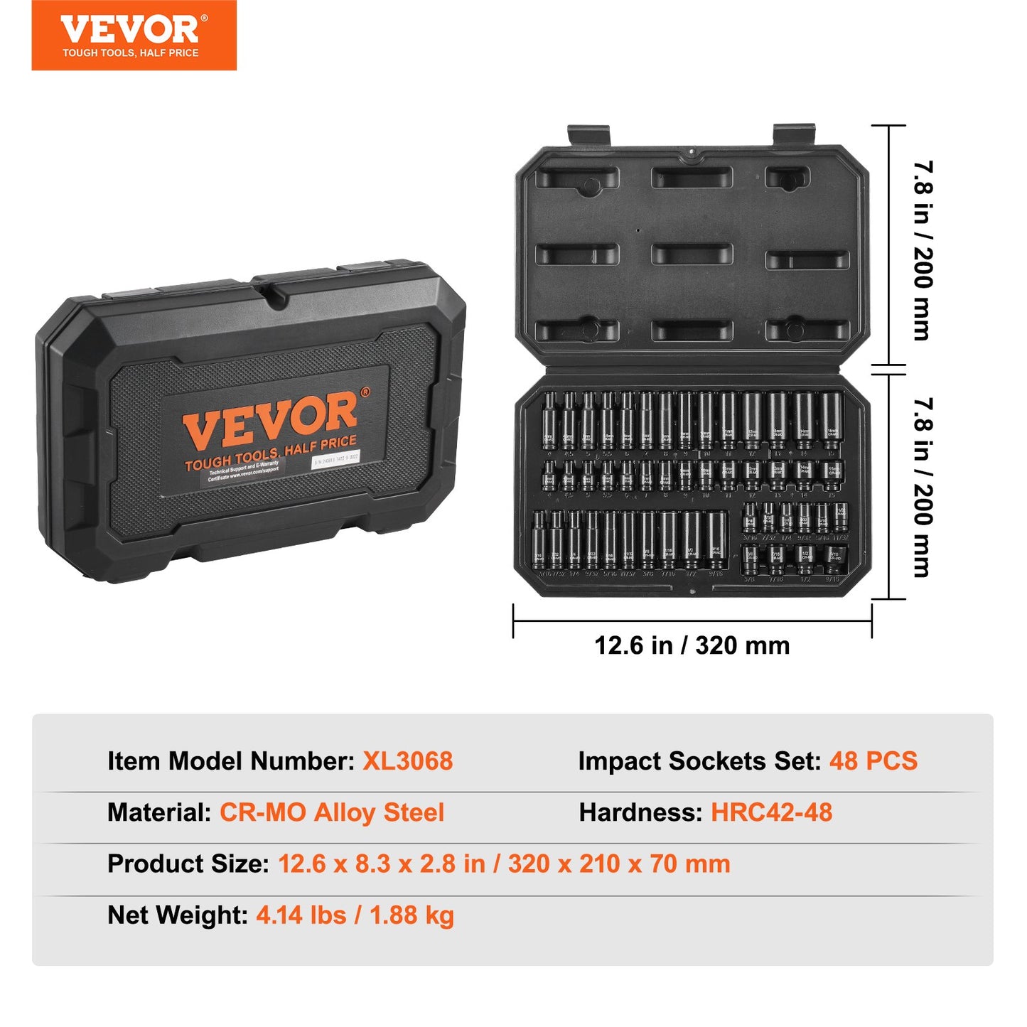 Drive Impact Socket Set, 48 Piece Deep & Shallow Socket Set , 6 Point Cr-Mo Alloy Steel For Auto Repair, Easy-to-Read Size Markings, Storage Case